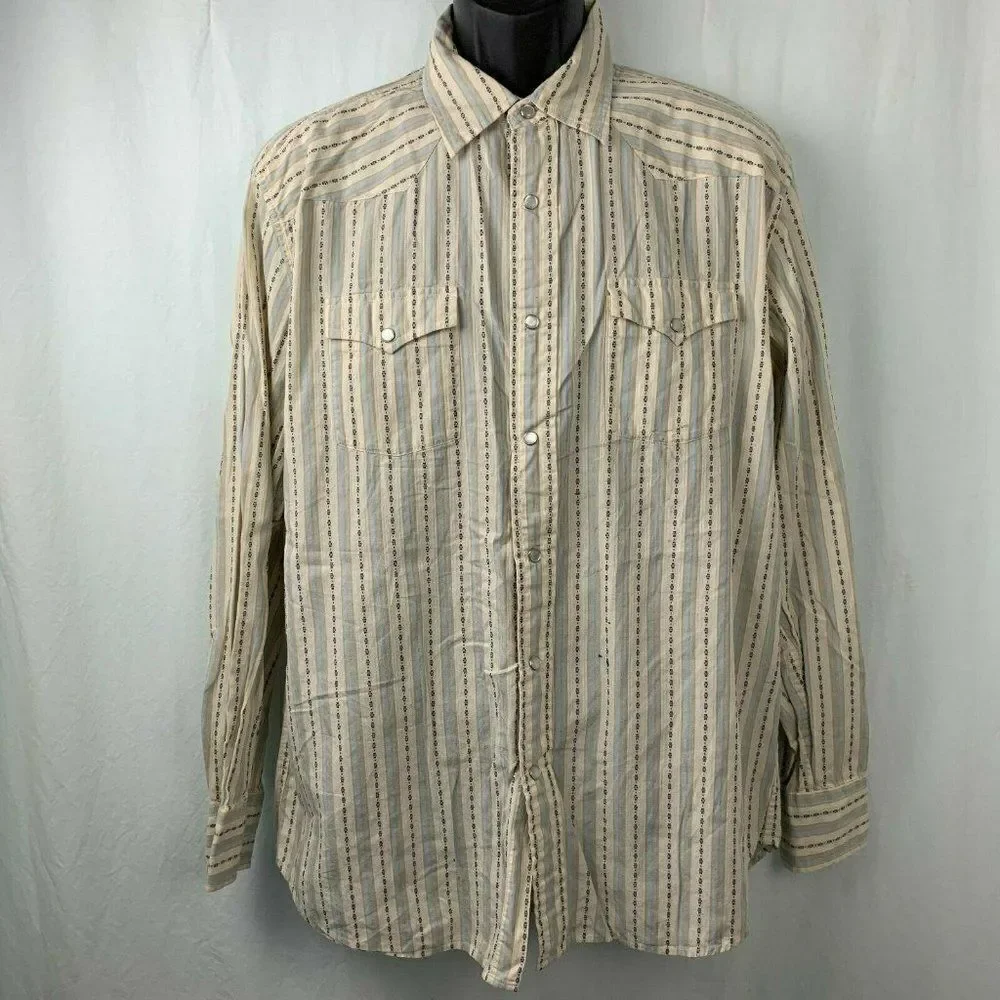 Tommy Hilfiger Western Shirt L Cream Blue Stripe Pearl Snap Pockets One Point
